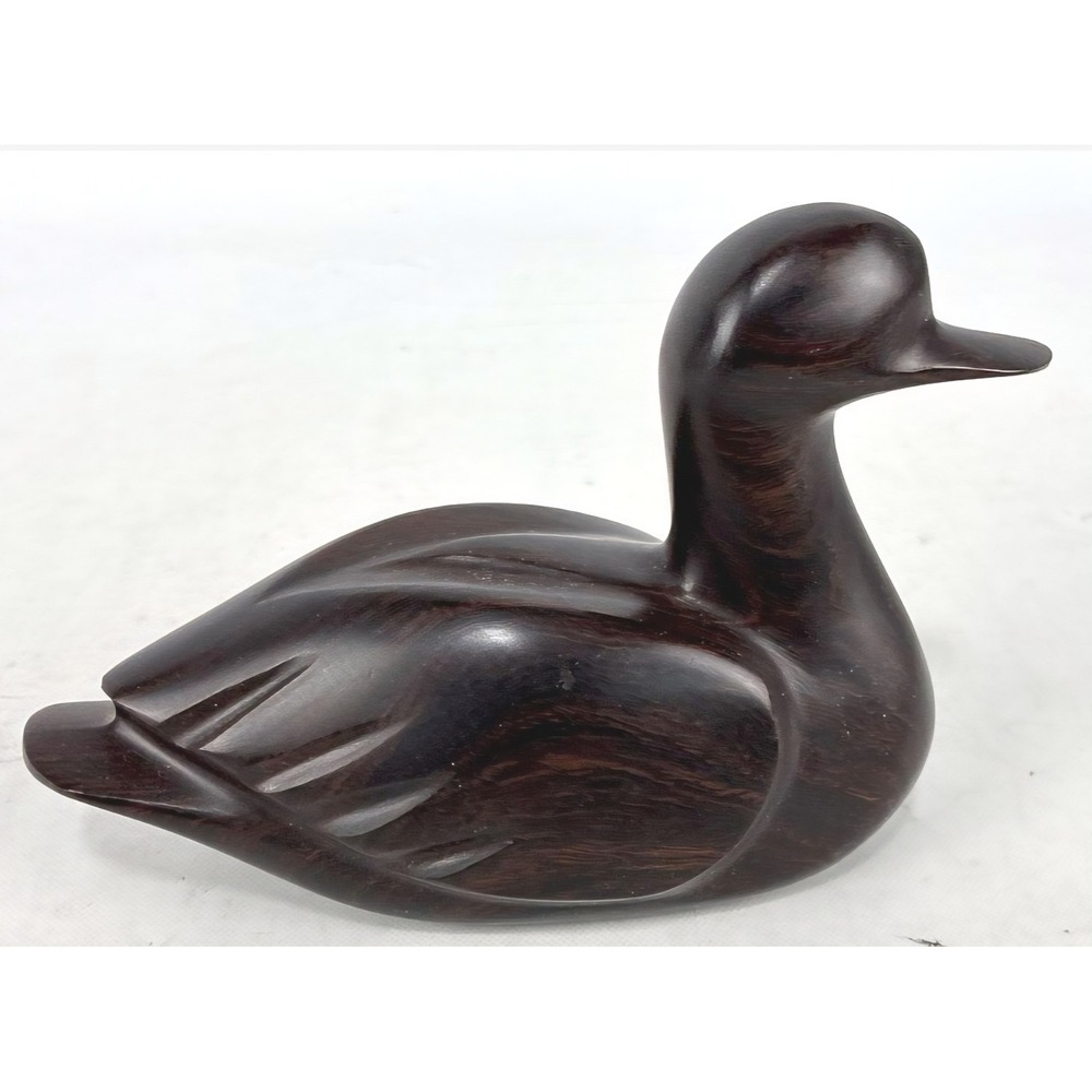 Vintage Hand Carved Ironwood Duck Decoy Figurine Dark Brown Polished Wood Statue